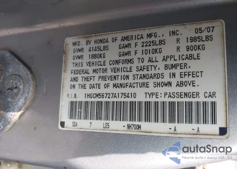 2007 Honda Accord 2.4 Ex из США, поврежденный, VIN 1HGCM56727A175410